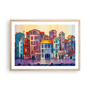 Plakat i ramme af lyst egetræ - En by som et eventyr - 70x50 cm
