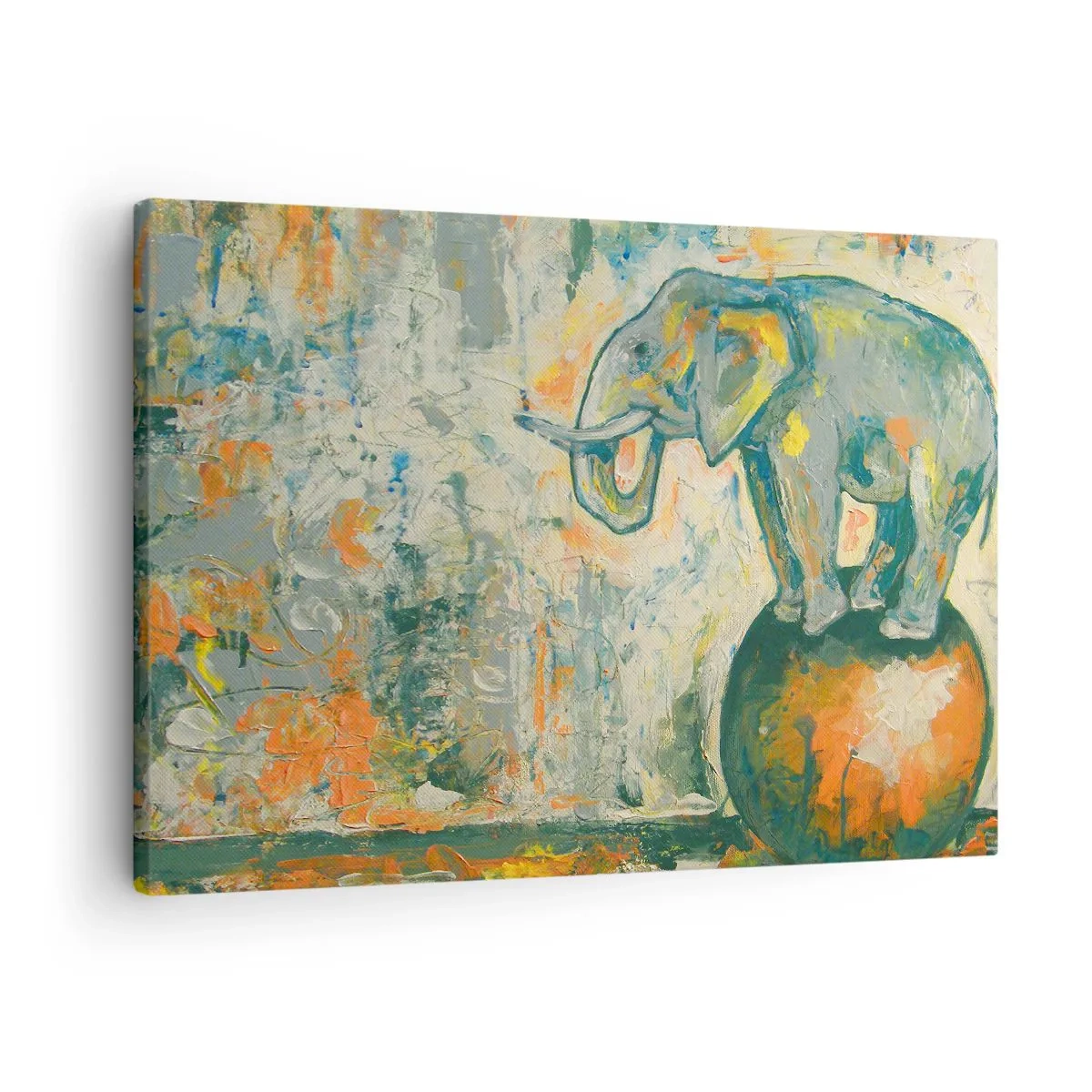 Lærredstryk - Billede på lærred - En elefant, der balancerer på en bold i kunstnerisk stil - 70x50cm - Længe leve cirkusset! - Moderne vægdekoration til stue og soveværelse ARTTOR