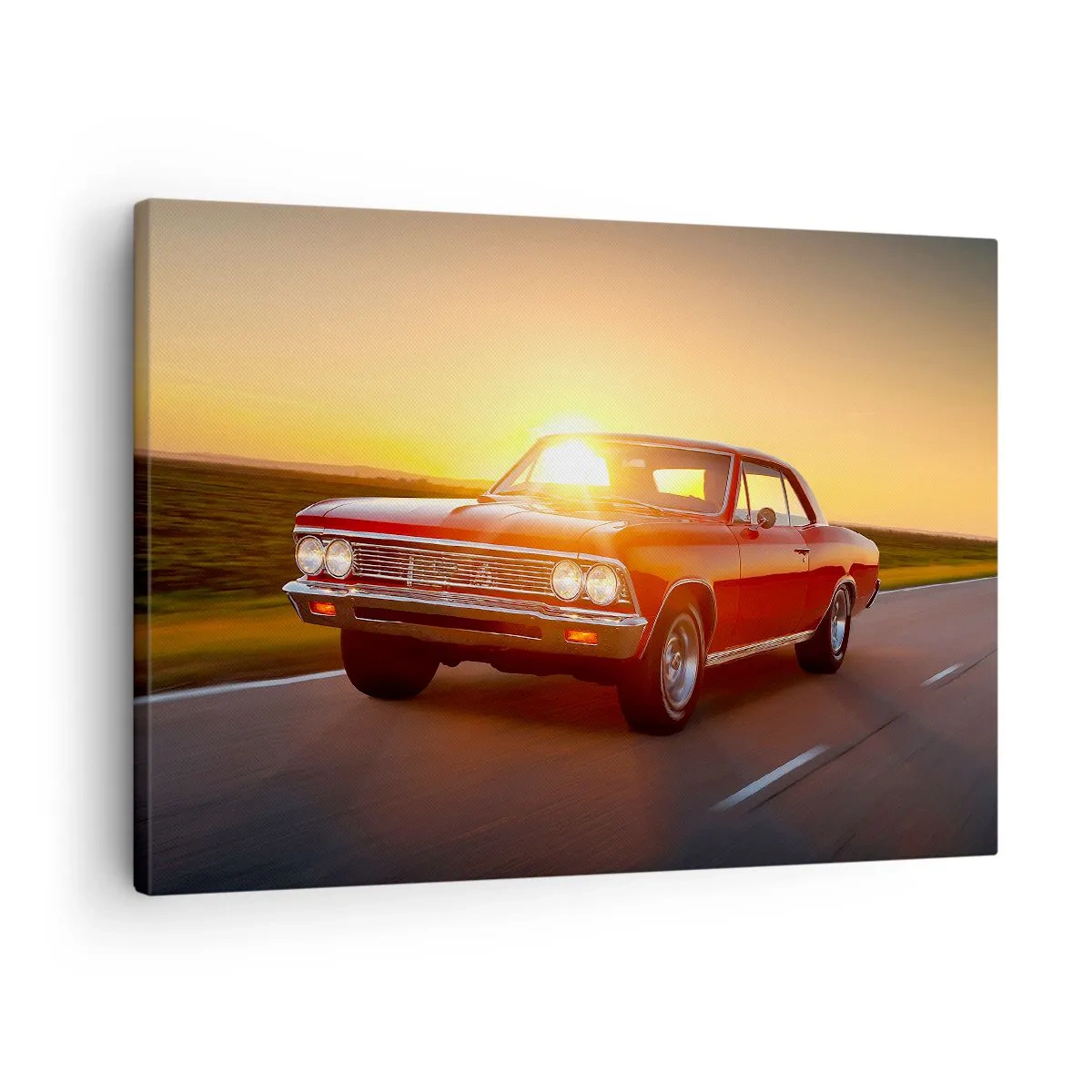 Lærredstryk - Billede på lærred - En rød bil i den nedgående sol på en åben vej - 70x50cm - Begæret er rødt - Moderne vægdekoration til stue og soveværelse ARTTOR