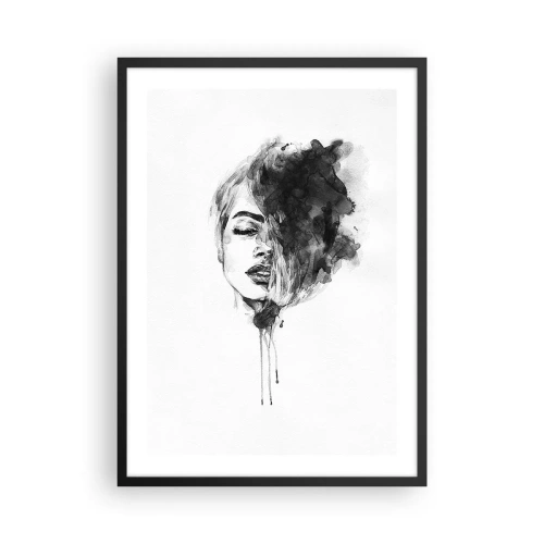 Plakat i sort ramme - Portræt af en kvinde i sort-hvid akvarel - 50x70cm - Hvad piger drømmer om - Moderne vægdekoration til stue og soveværelse ARTTOR