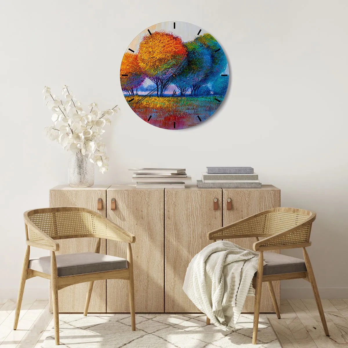 Vægur, Uret - Et farverigt landskab af træer med intense nuancer - 30x30cm - En klump af piskende farver - Moderne vægdekoration til stue, køkken og soveværelse ARTTOR