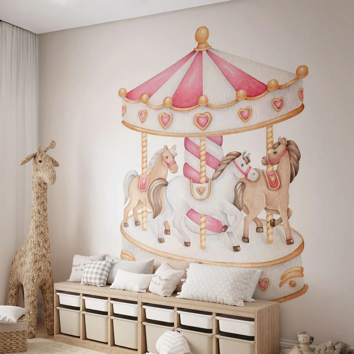 Fototapet Selvklæbende Deluxe Sticker - Barndommens søde verden - Merry-go-round, Girly, Heste - 500x350 cm