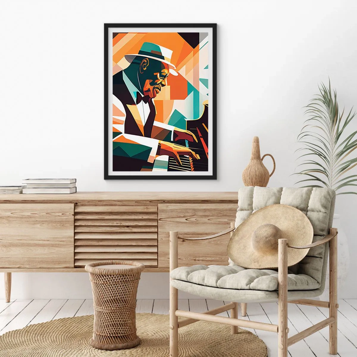 Plakat i sort ramme - Abstrakt portræt af en pianist i kubistisk stil - 50x70cm - Alt det jazz - Moderne vægdekoration til stue og soveværelse ARTTOR
