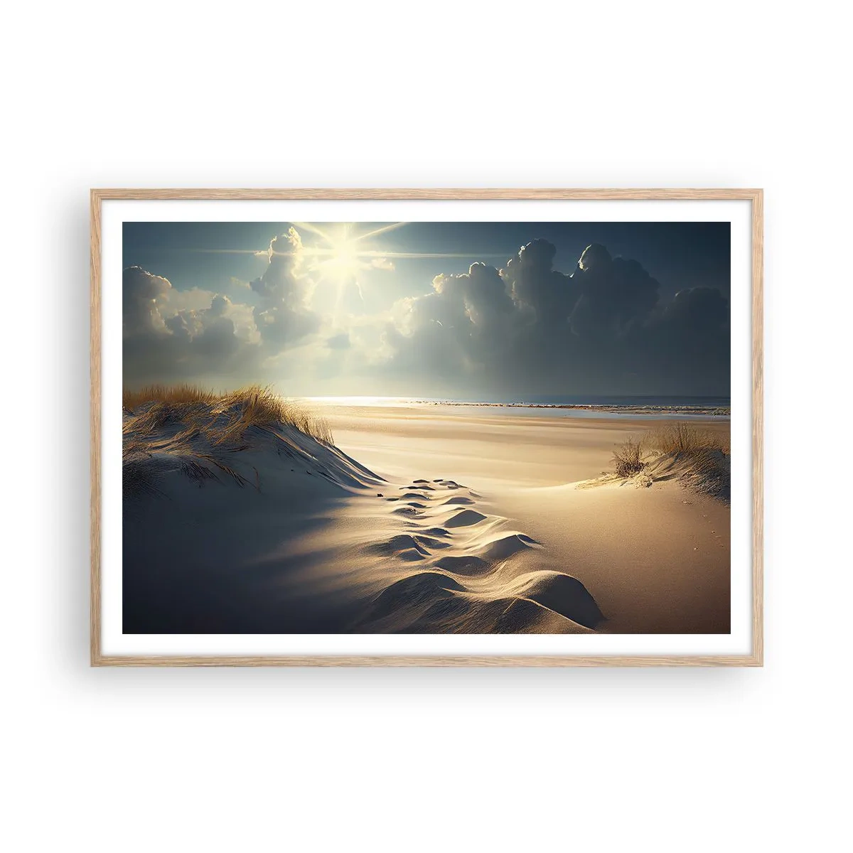 Plakat i ramme af lyst egetræ - Beroligende landskab - 100x70 cm