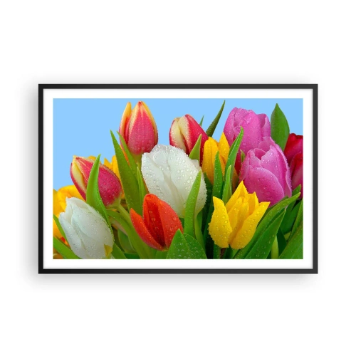 Plakat i sort ramme - En blomstret regnbue i dugdråber - 91x61 cm