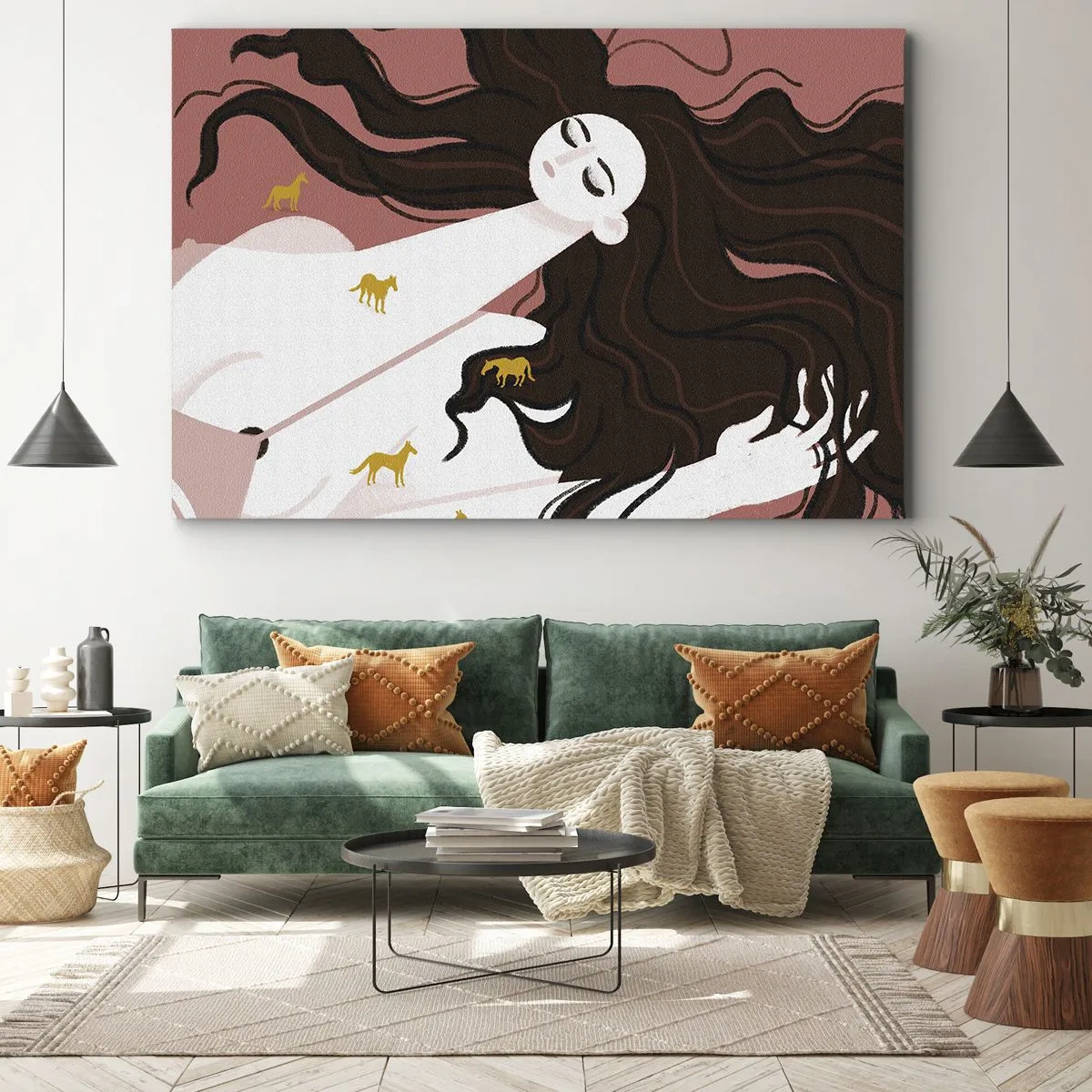 Lærredstryk - Billede på lærred - En figur med lukkede øjne omgivet af gyldne heste - 70x50cm - Drøm om en gylden hest - Moderne vægdekoration til stue og soveværelse ARTTOR