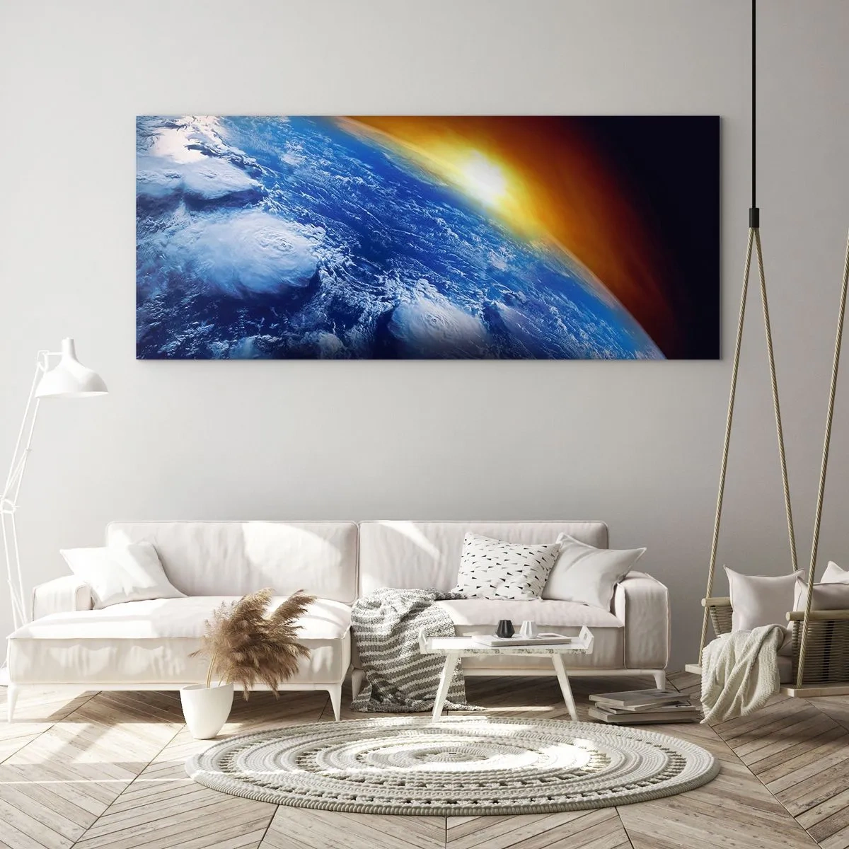 Billede på glas - Solopgang over den blå planet - 140x50 cm