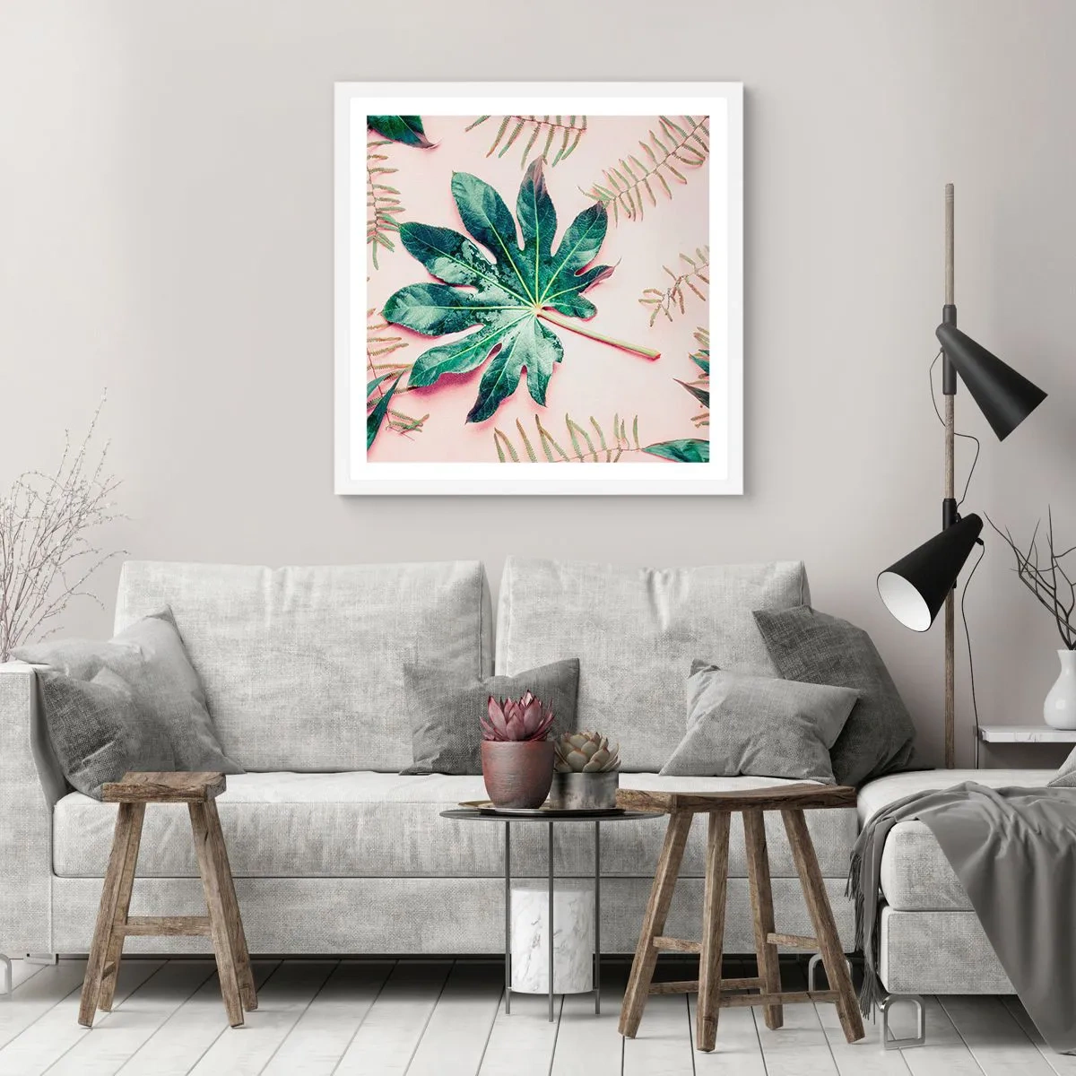 Plakat i hvid ramme - En undersøgelse af grønt på en lyserød baggrund - 60x60 cm