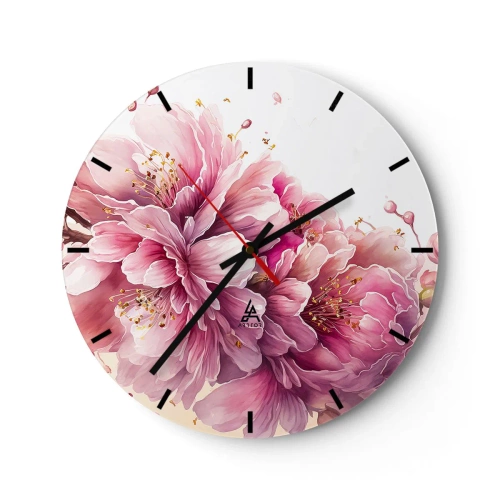 Vægur, Uret - Blomstrende lyserøde kirsebærblomster på en hvid baggrund i kunstnerisk stil - 30x30cm - Kirsebærblomst - Moderne vægdekoration til stue, køkken og soveværelse ARTTOR