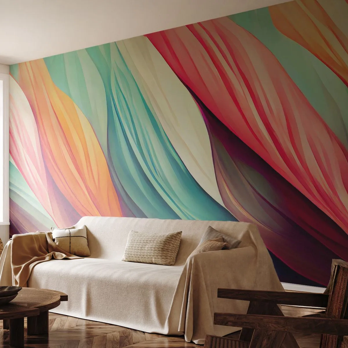 Fototapet Premium Sand - Regnbuevævning - Pastel, Linjer, Abstraktion - 350x256 cm