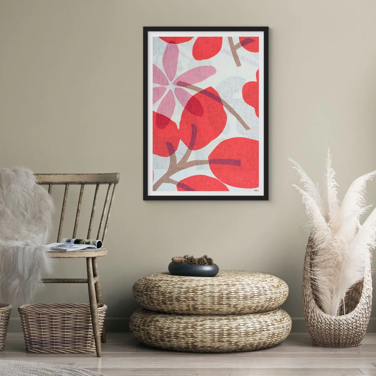 Plakat i sort ramme - Botanisk sammensætning af blade og blomster i rødt - 50x70cm - Blomsterkomposition i pink - Moderne vægdekoration til stue og soveværelse ARTTOR