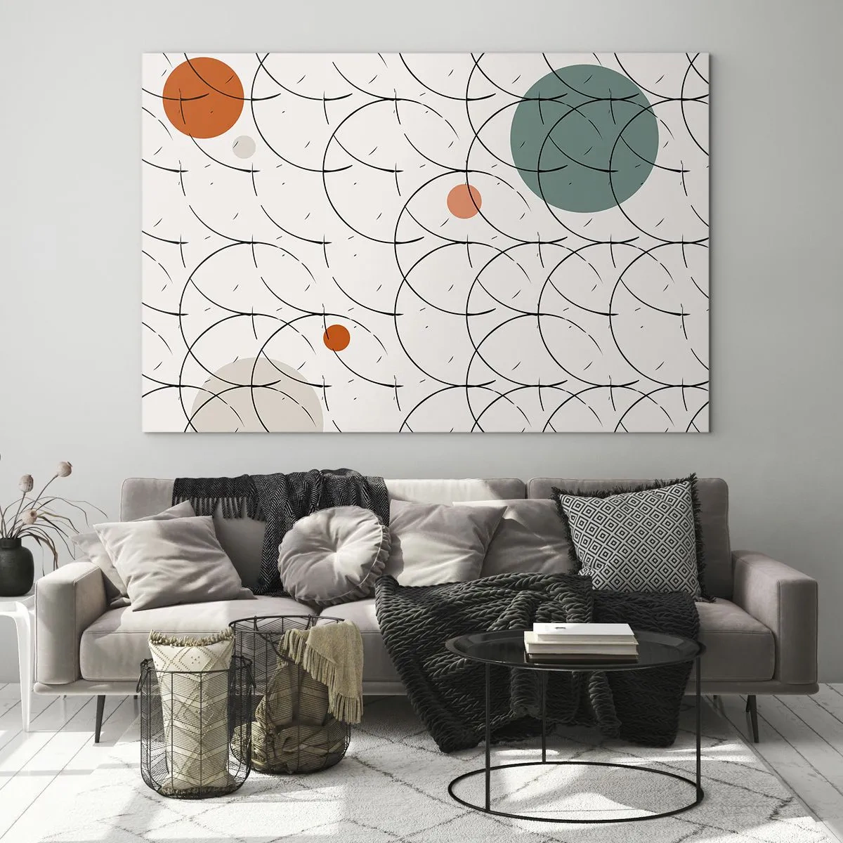 Billede på glas - Farverige cirkler og sorte linjer på en lys baggrund i pop art-stil. - 70x50cm - I popkunstens ånd - Moderne vægdekoration til stue og soveværelse ARTTOR