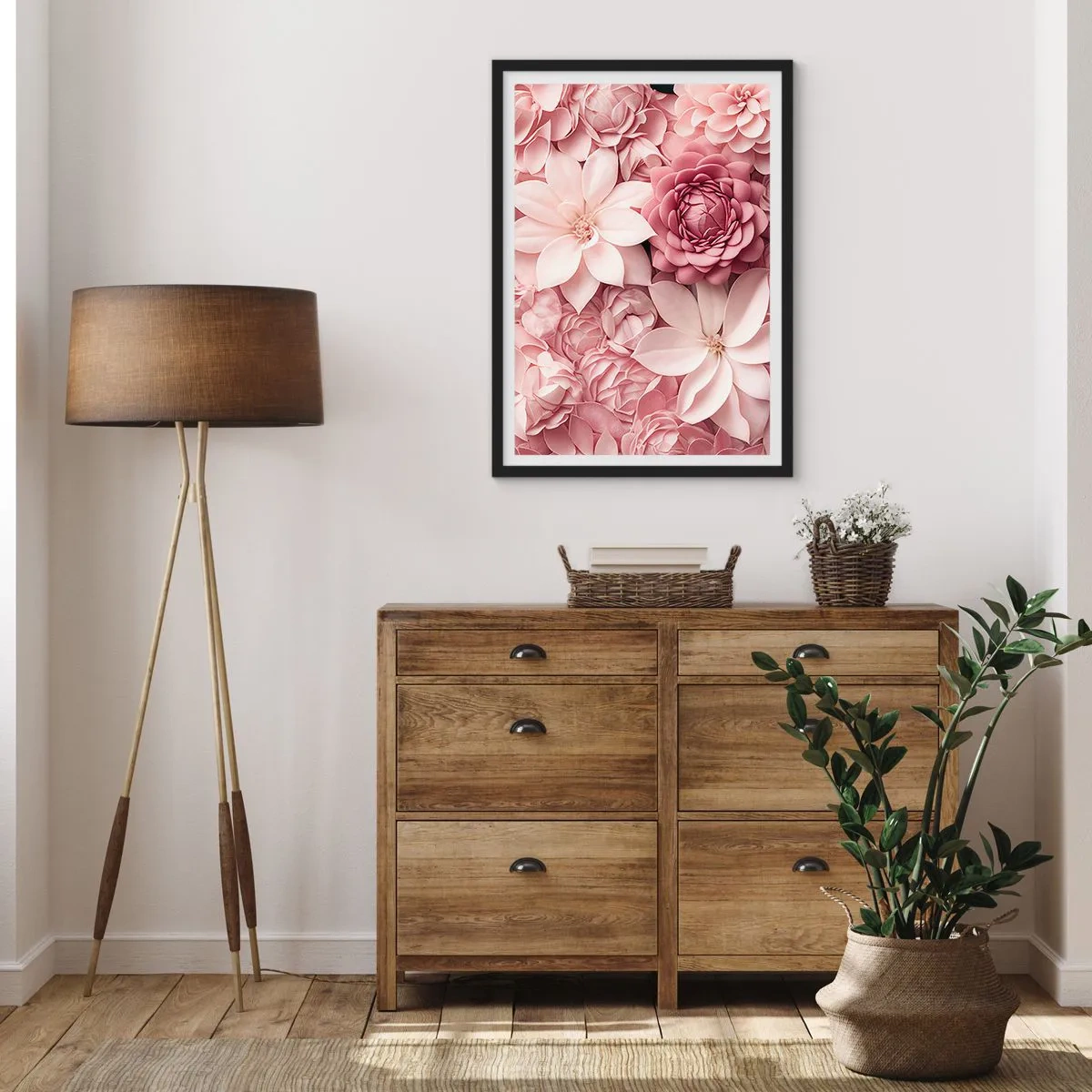 Plakat i sort ramme - Lyserøde blomster i en elegant komposition - 50x70cm - I lyserøde kronblade - Moderne vægdekoration til stue og soveværelse ARTTOR