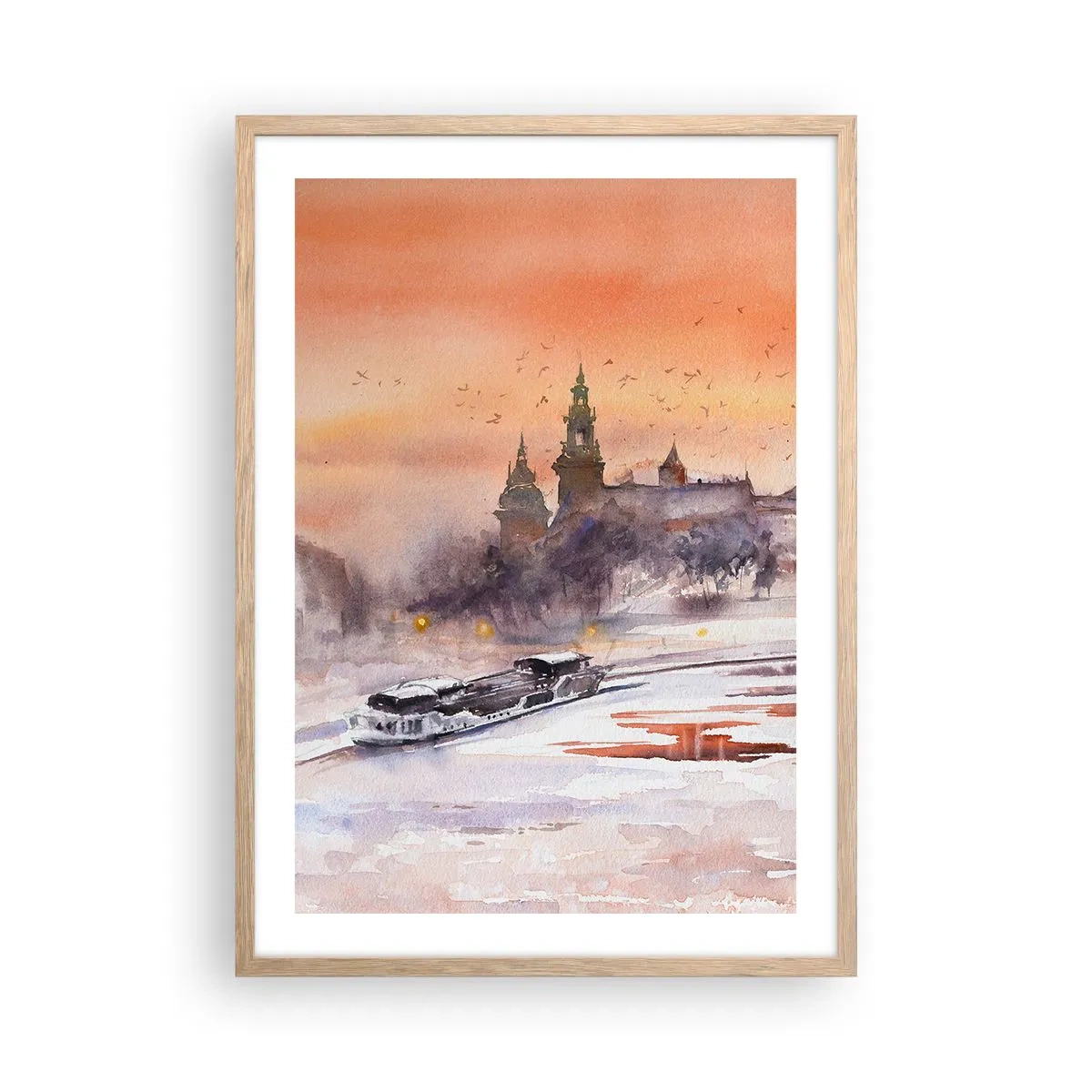 Plakat i ramme af lyst egetræ - Kongelig solnedgang - 50x70 cm