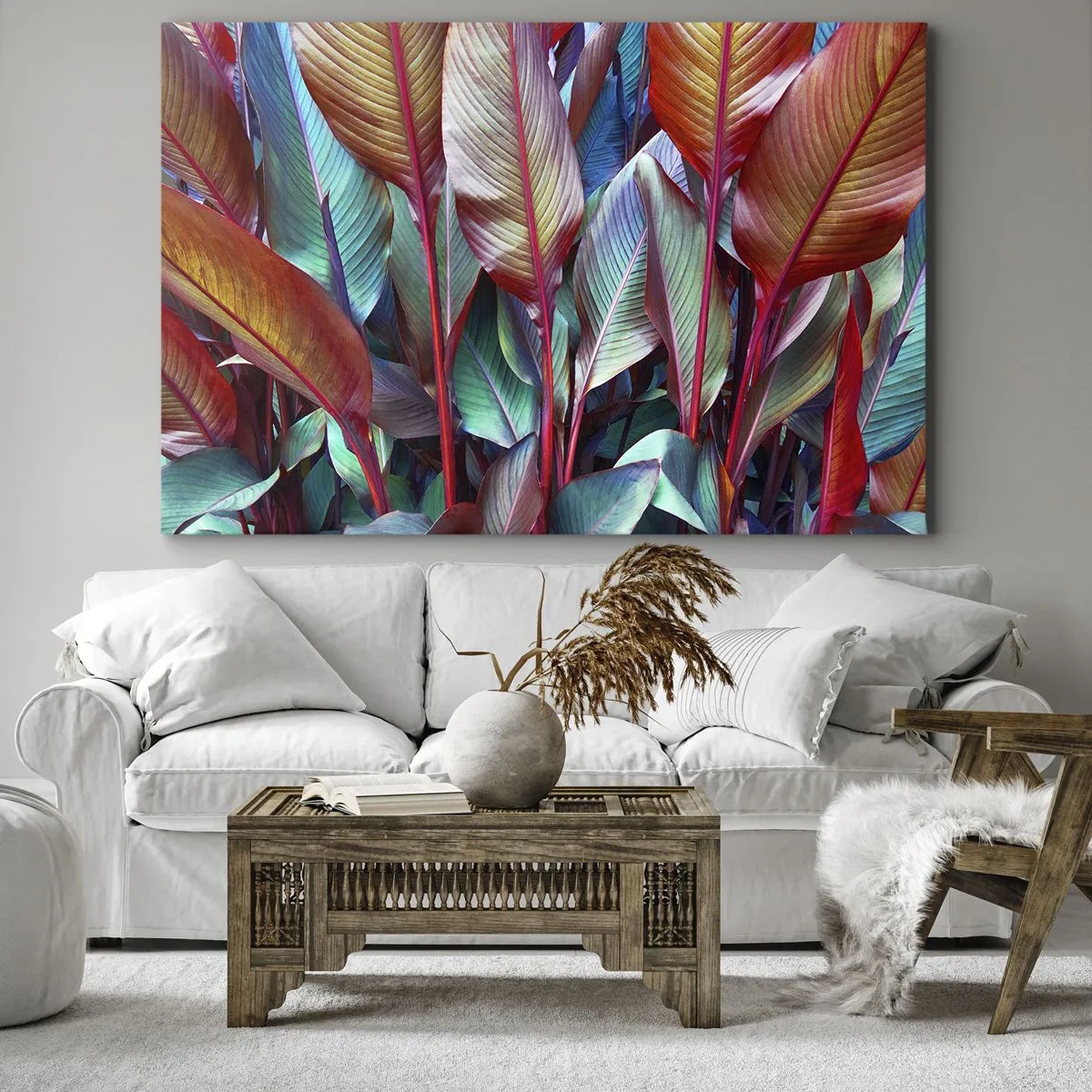 Lærredstryk - Billede på lærred - Farverige blade af tropiske planter i krattet - 70x50cm - Farverigt krat - Moderne vægdekoration til stue og soveværelse ARTTOR