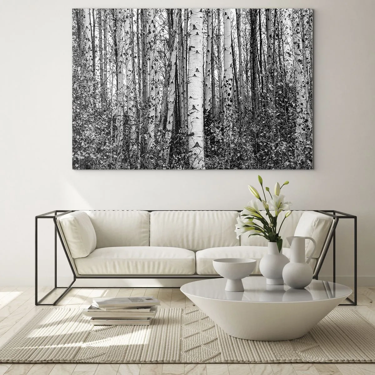 Billede på glas - Sorte og hvide birketræer skaber et tæt skovlandskab - 70x50cm - Kolonnade af birk - Moderne vægdekoration til stue og soveværelse ARTTOR