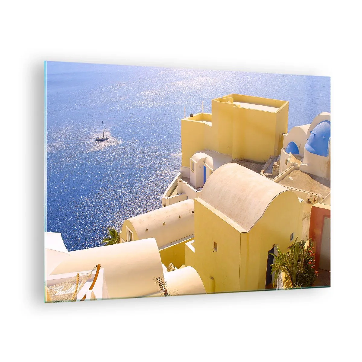 Billede på glas - Udsigt over Santorini med blåt hav og hvide bygninger - 70x50cm - Græsk landskab i hvid og blå - Moderne vægdekoration til stue og soveværelse ARTTOR