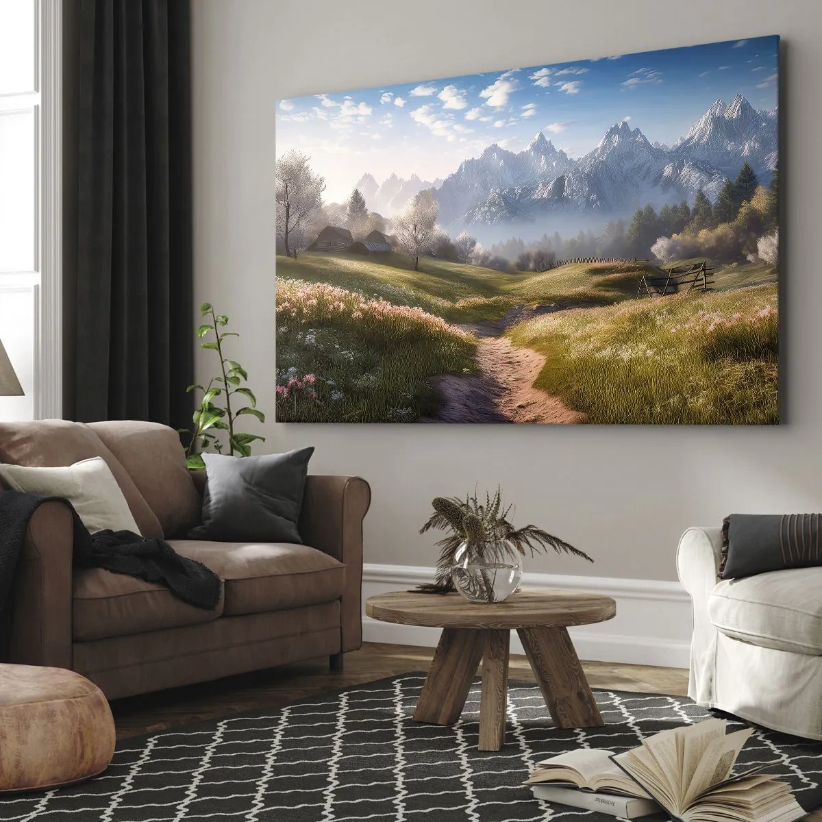 Lærredstryk - Billede på lærred - En bjergdal med enge, hytter og udsigt over bjergtoppene - 70x50cm - Idyllisk dal - Moderne vægdekoration til stue og soveværelse ARTTOR