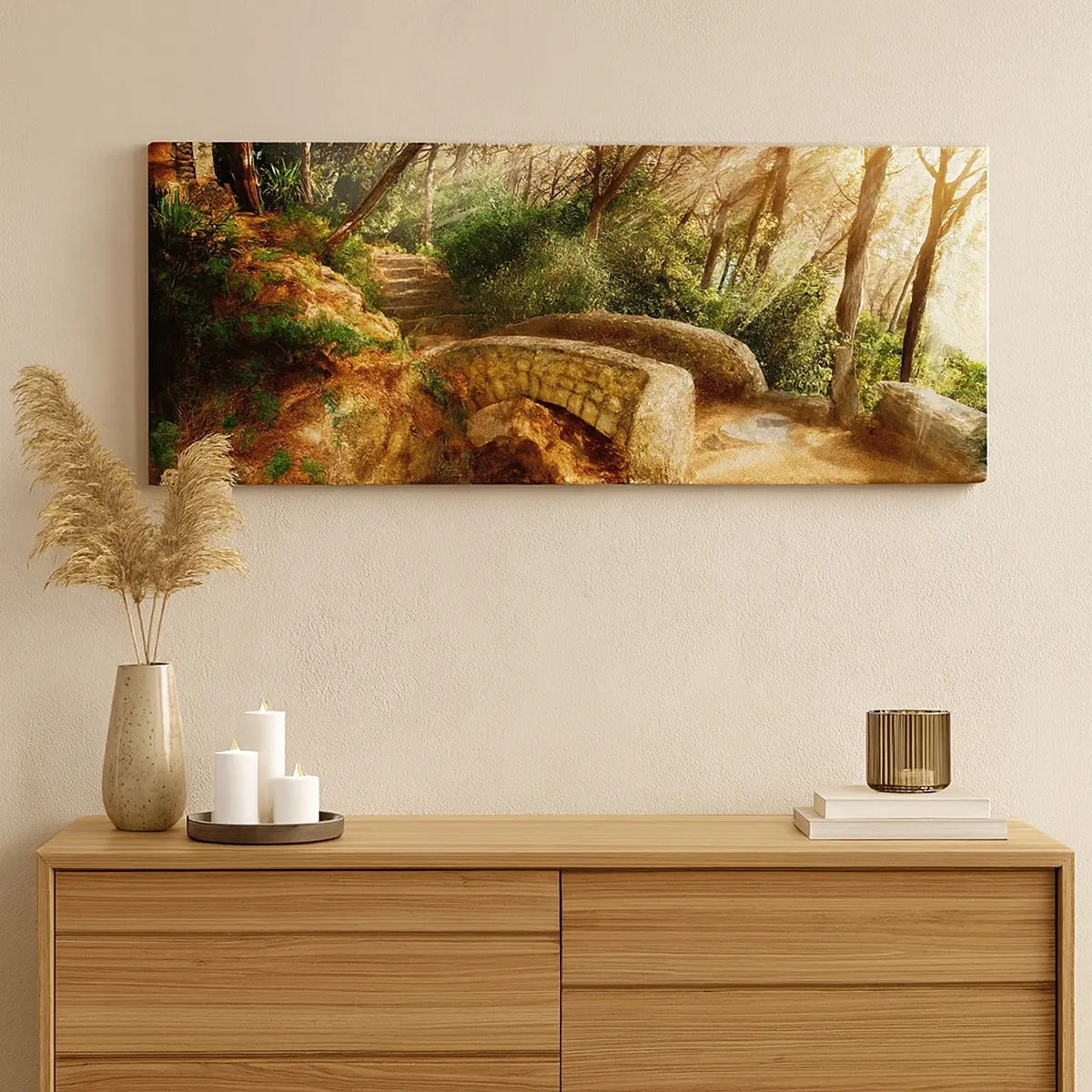 Lærredstryk - Billede på lærred - Lige fra broen og ind i eventyrskoven - 30x30 cm