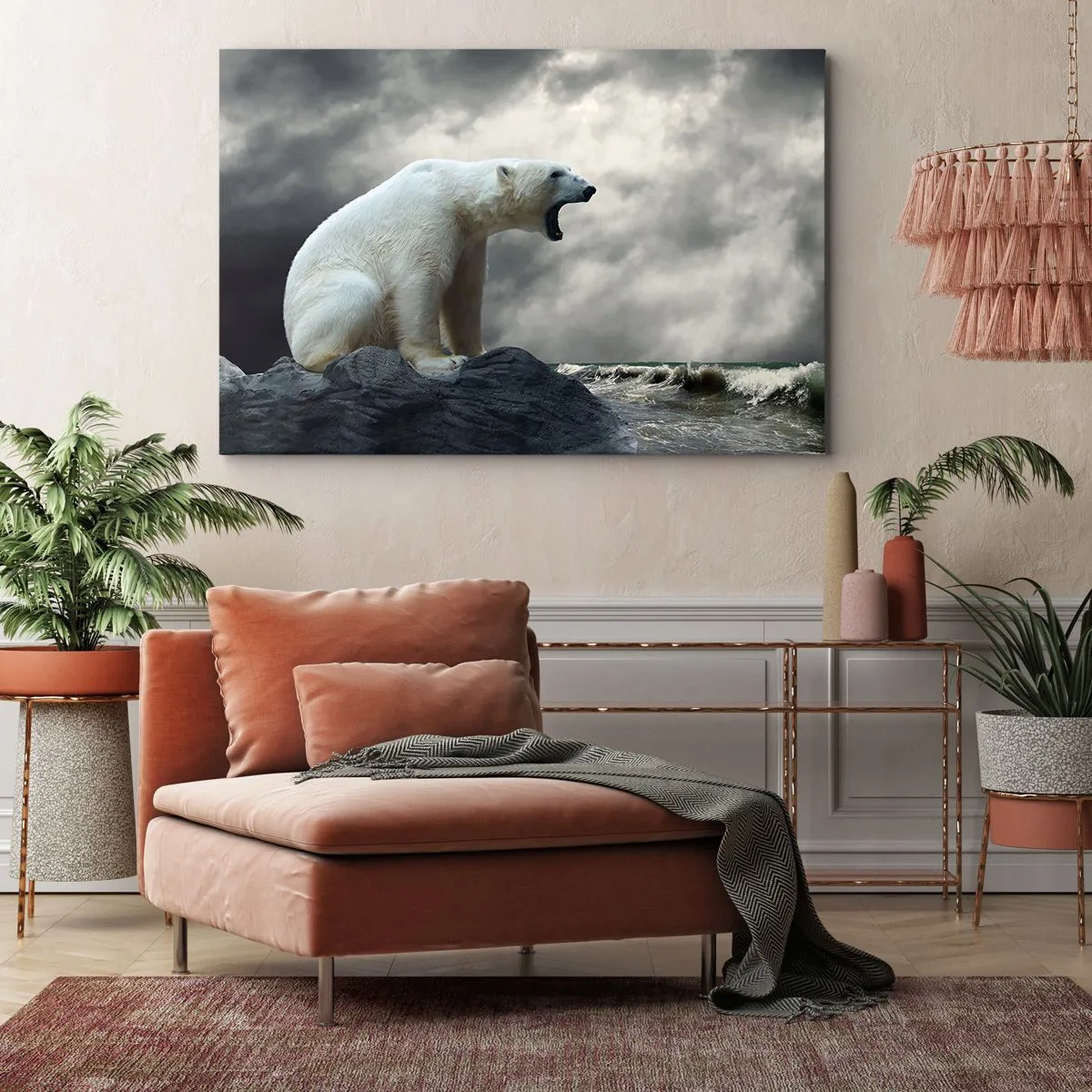 Lærredstryk - Billede på lærred - En isbjørn på klipperne over et stormfuldt hav - 70x50cm - Den ensomme konge af Arktis - Moderne vægdekoration til stue og soveværelse ARTTOR