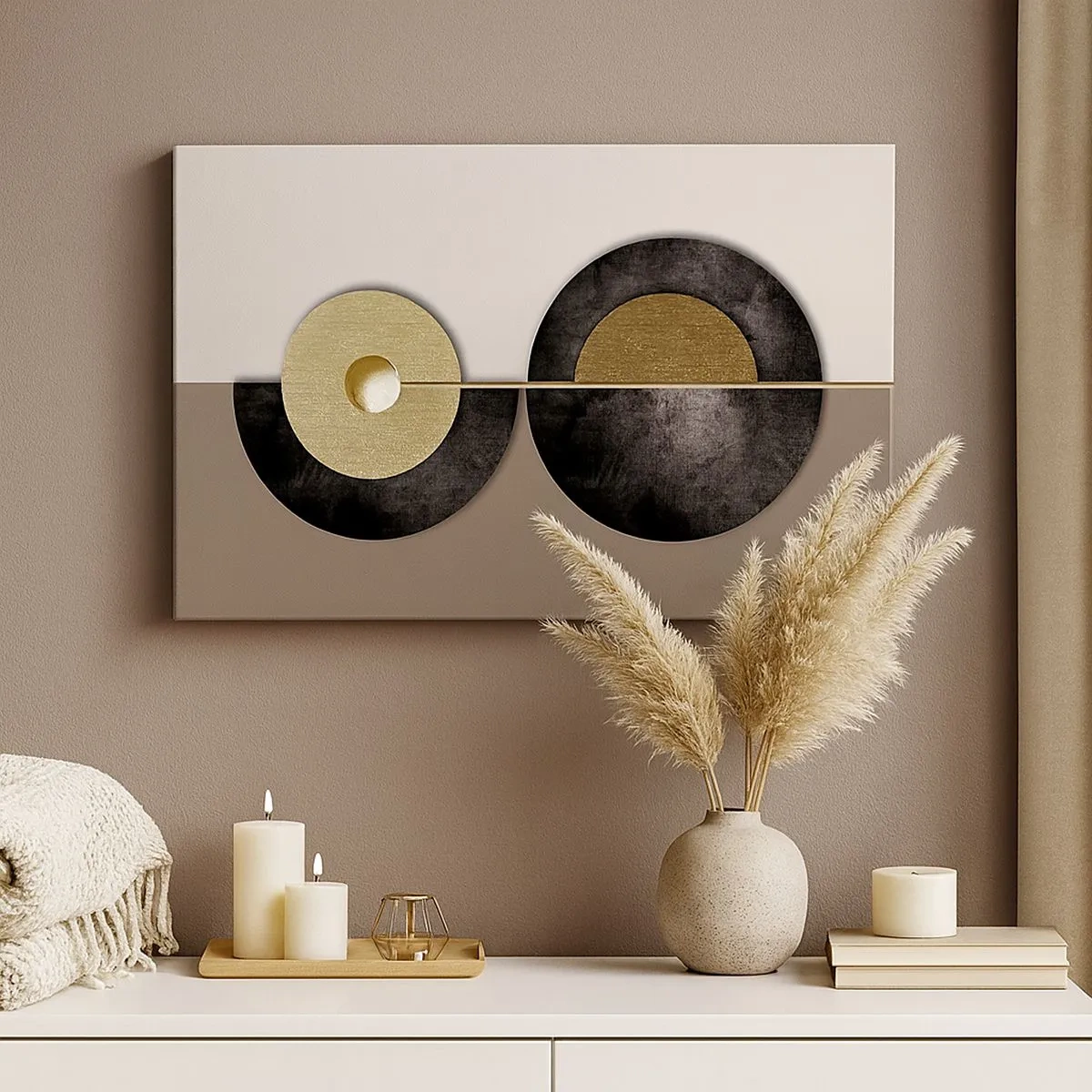 Lærredstryk - Billede på lærred - Abstrakte cirkler i nuancer af guld og brun - 70x50cm - Variationer omkring en cirkel - Moderne vægdekoration til stue og soveværelse ARTTOR