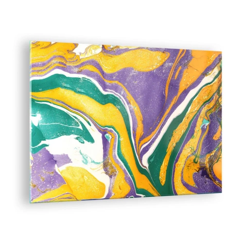 Billede på glas - Abstrakt bølgemønster i gul, lilla og grøn - 70x50cm - Bølger af farver - Moderne vægdekoration til stue og soveværelse ARTTOR