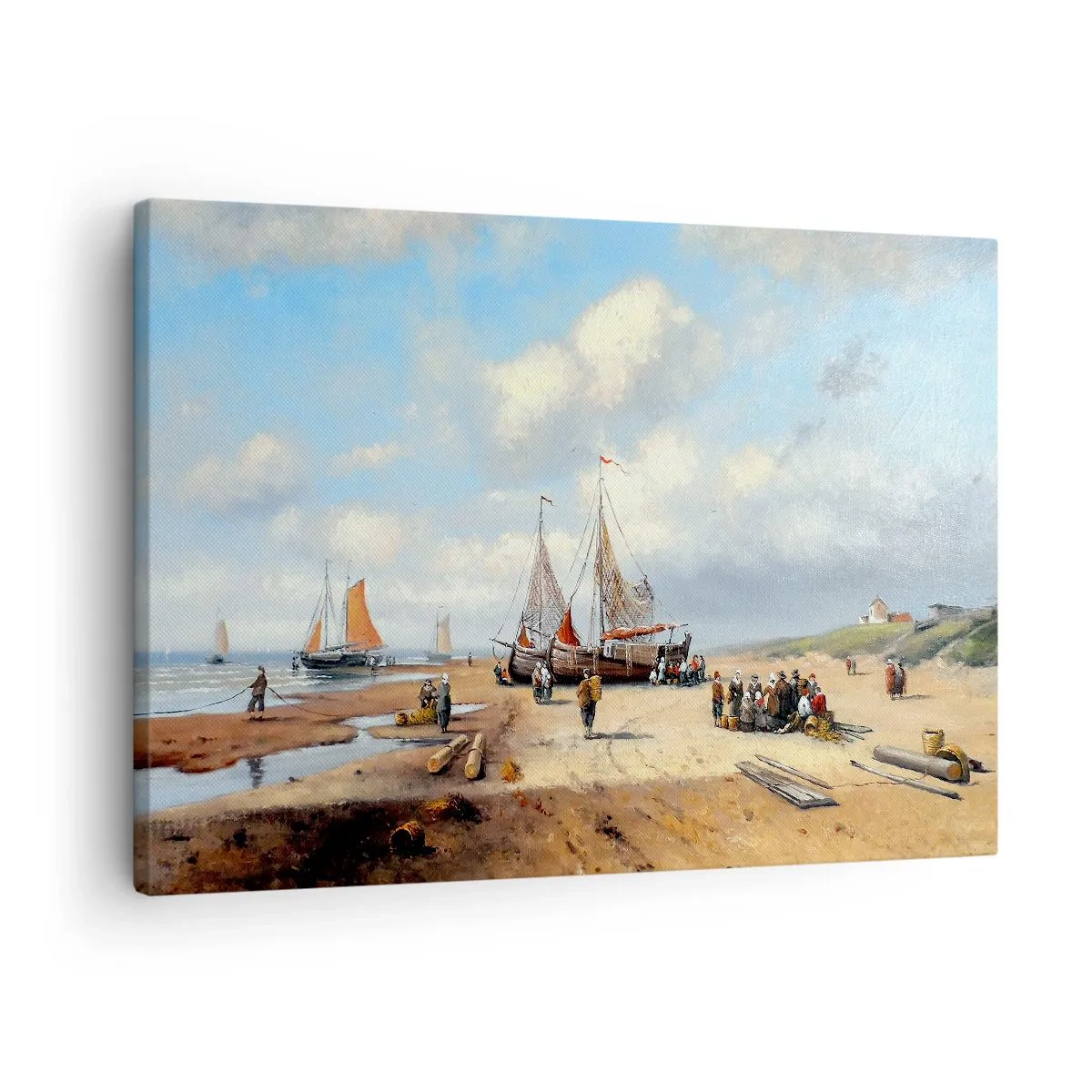 Lærredstryk - Billede på lærred - Fiskerbåde på stranden med menneskefigurer - 70x50cm - Efter en vellykket fangst - Moderne vægdekoration til stue og soveværelse ARTTOR
