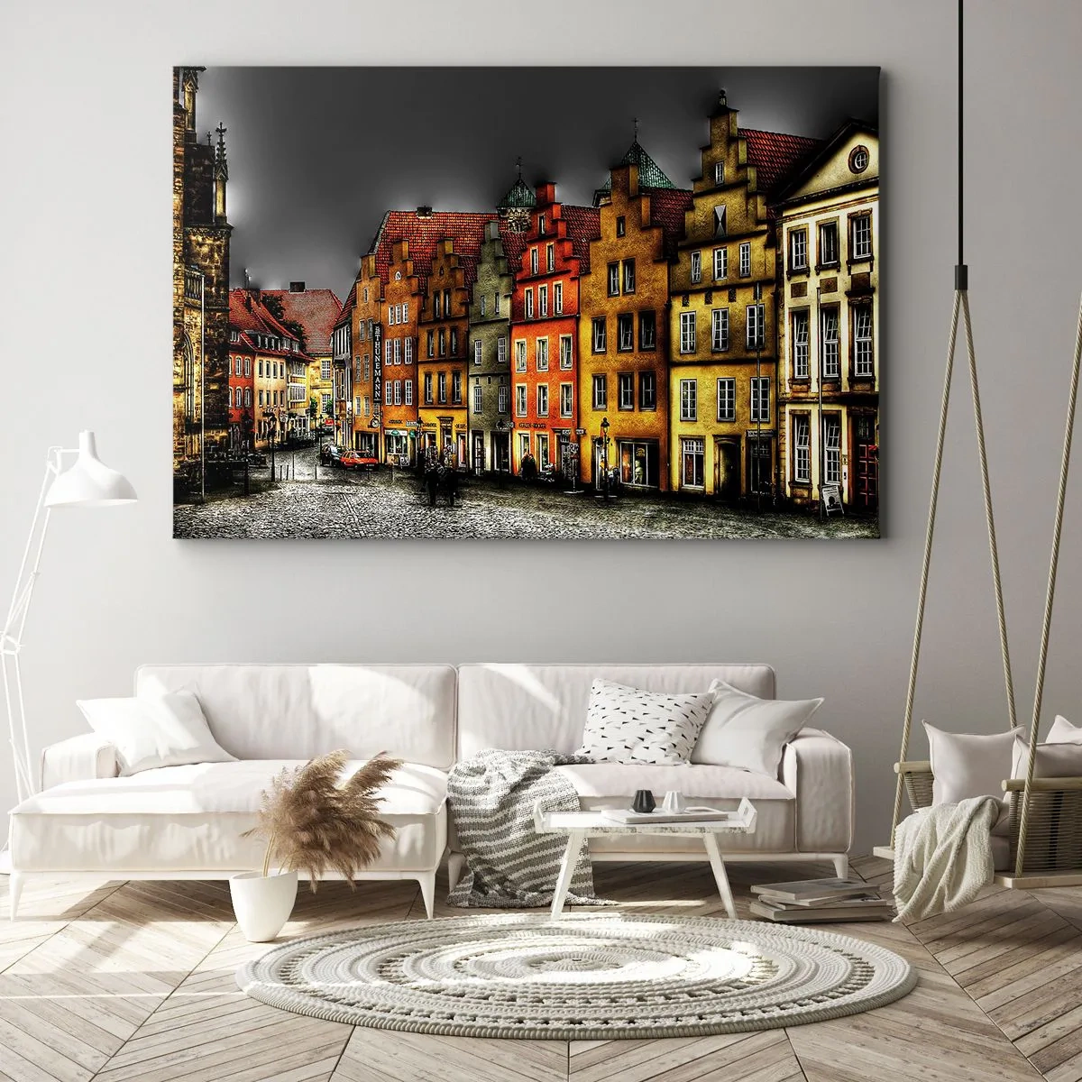 Lærredstryk - Billede på lærred - Farverige lejlighedshuse på en brostensbelagt gade i den historiske by - 70x50cm - Det eneste, der mangler, er en fortryllet hestevogn - Moderne vægdekoration til stue og soveværelse ARTTOR