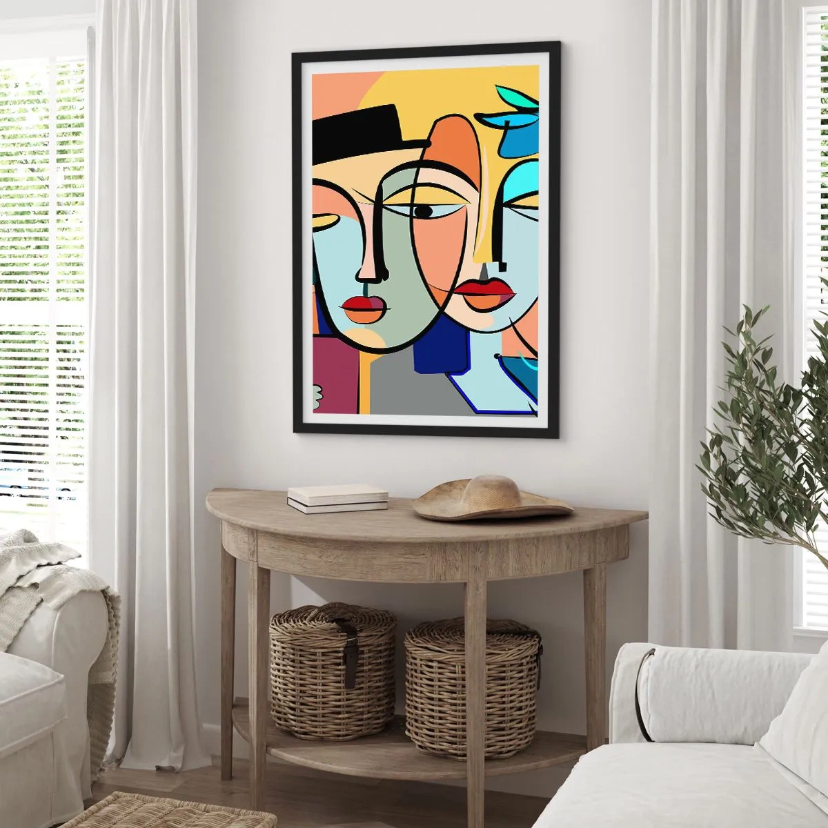 Plakat i sort ramme - Farverig abstrakt komposition af ansigter i kubistisk stil - 50x70cm - Picassos randez vous - Moderne vægdekoration til stue og soveværelse ARTTOR