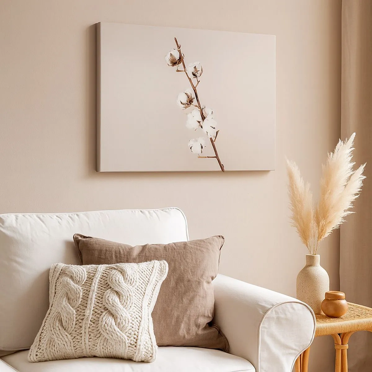 Lærredstryk - Billede på lærred - En kvist bomuld på en beige baggrund - 70x50cm - Ved kilden til blødhed - Moderne vægdekoration til stue og soveværelse ARTTOR