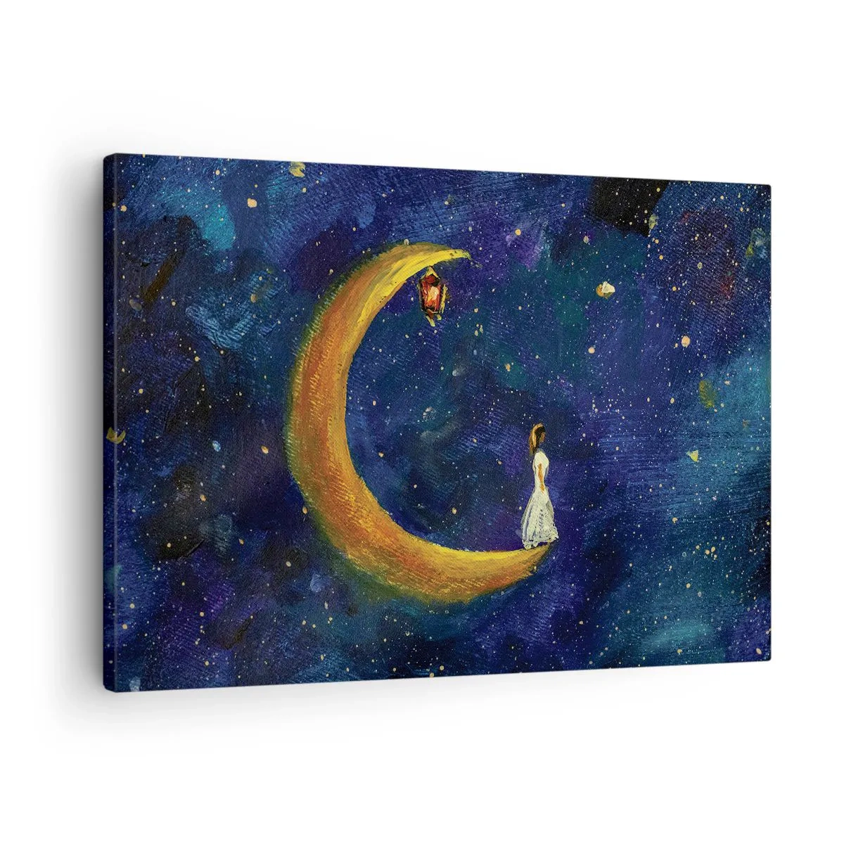 Lærredstryk - Billede på lærred - En pige, der står på månen i en stjerneklar himmel - 70x50cm - Kald på verden - Moderne vægdekoration til stue og soveværelse ARTTOR