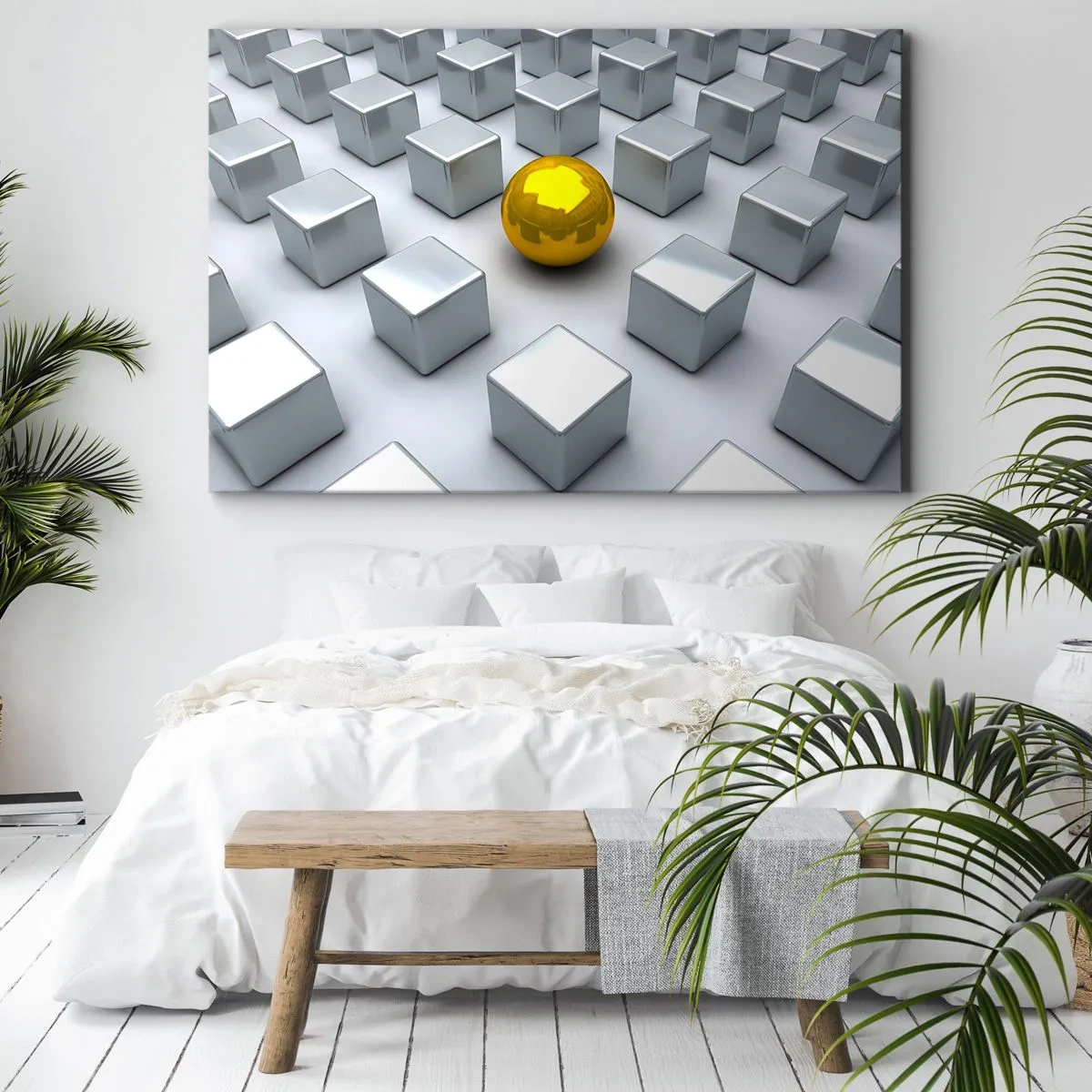 Lærredstryk - Billede på lærred - En gylden kugle, der skiller sig ud blandt sølvterningerne - 70x50cm - Hvorfor mig? Geometrisk sammensætning - Moderne vægdekoration til stue og soveværelse ARTTOR