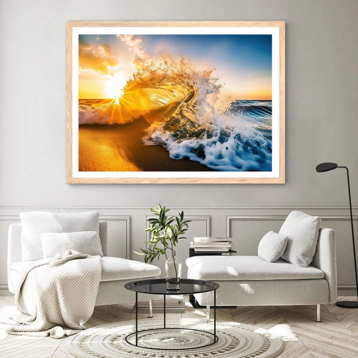 Plakat i ramme af lyst egetræ - Leg på sandet - 100x70 cm