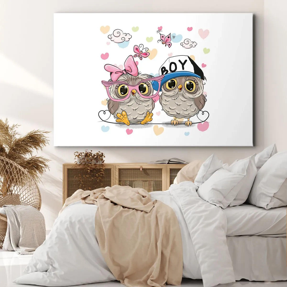 Lærredstryk - Billede på lærred - To yndige ugler omgivet af hjerter - 70x50cm - Lad os elske hinanden! - Moderne vægdekoration til stue og soveværelse ARTTOR