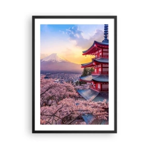 Plakat i sort ramme - En pagode med udsigt over Fuji-bjerget omgivet af kirsebærblomster ved solnedgang - 50x70cm - Essensen af 