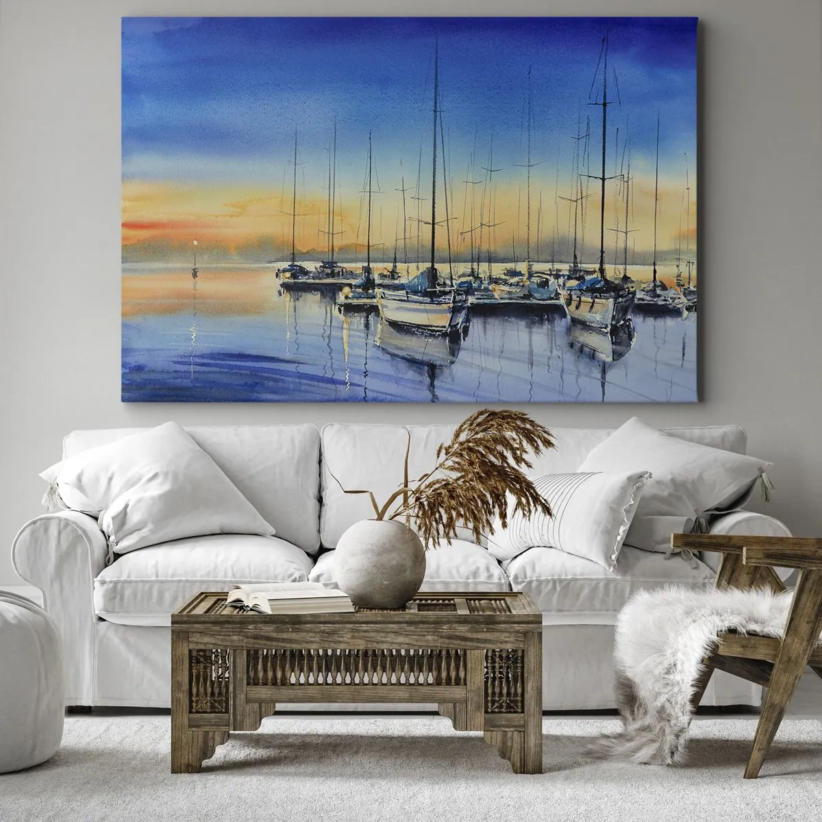 Lærredstryk - Billede på lærred - Yachthavn ved solnedgang med refleksioner på vandet - 70x50cm - Slutningen på en god dag - Moderne vægdekoration til stue og soveværelse ARTTOR