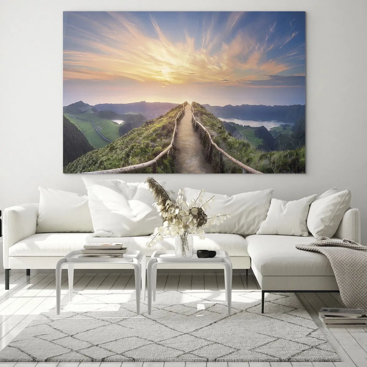 Billede på glas - Sti på bakketop med udsigt over solnedgangen - 70x50cm - Tæt på himlen - Moderne vægdekoration til stue og soveværelse ARTTOR