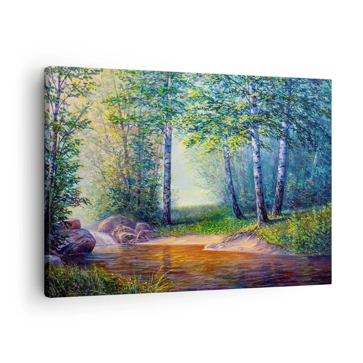 Lærredstryk - Billede på lærred - En skovbæk omgivet af birketræer og solskin - 70x50cm - Idylliske omgivelser - Moderne vægdekoration til stue og soveværelse ARTTOR