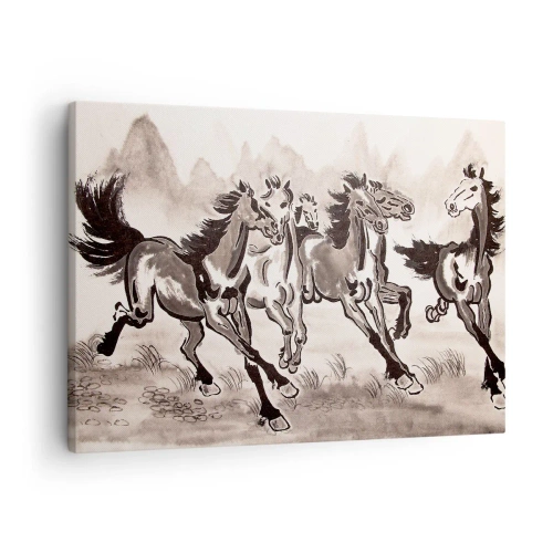 Lærredstryk - Billede på lærred - Dynamisk grafik af galoperende heste i orientalsk stil - 70x50cm - I glad galop - Moderne vægdekoration til stue og soveværelse ARTTOR