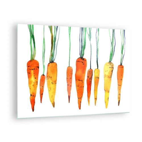 Billede på glas - Akvarelgulerødder i forskellige orange nuancer med grønne stængler - 70x50cm - Skønheden ved det almindelige - Moderne vægdekoration til stue og soveværelse ARTTOR