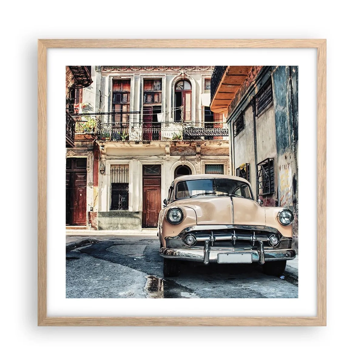 Plakat i ramme af lyst egetræ - Siesta i Havana - 50x50 cm