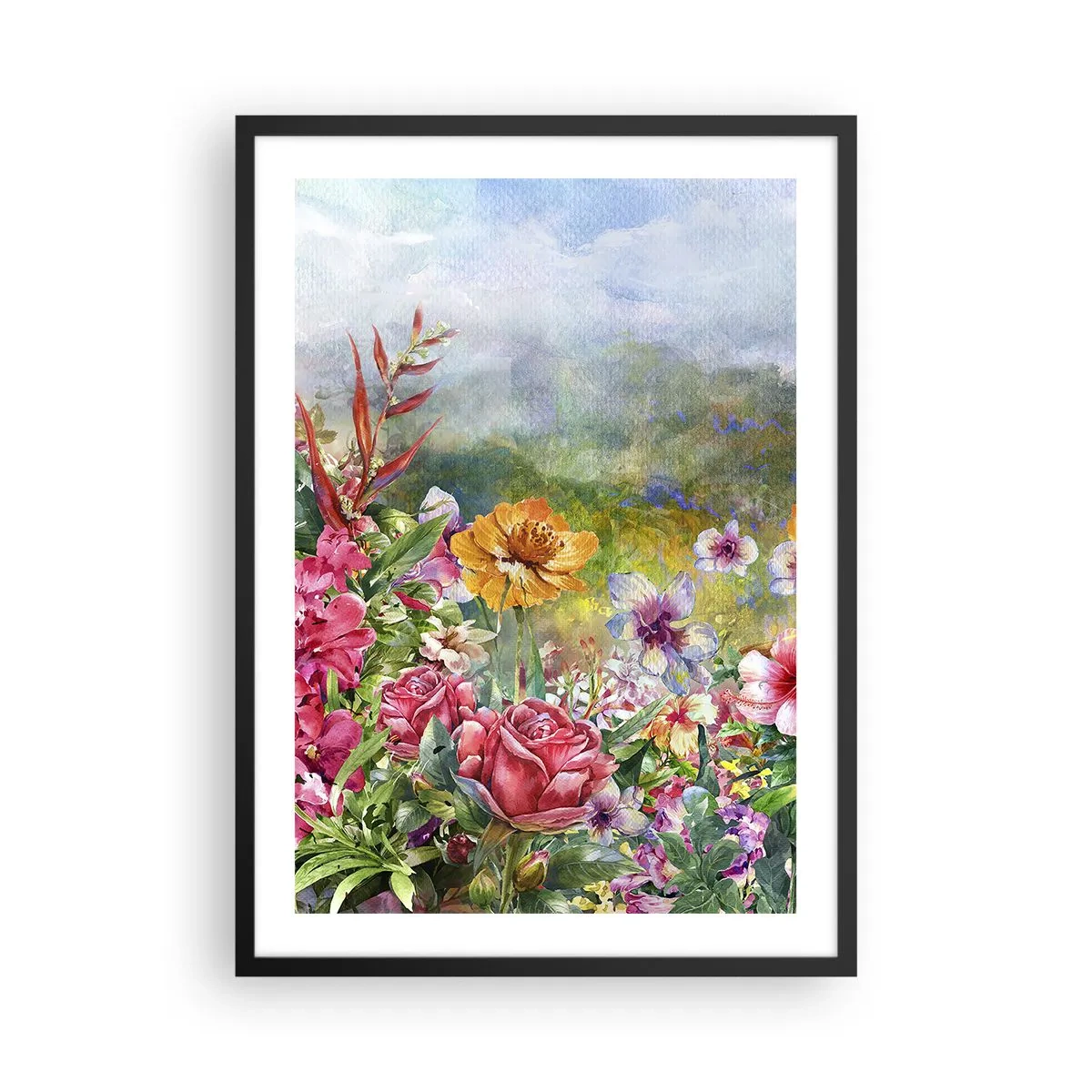 Plakat i sort ramme - Et blomsterfelt på en solskinsdag - 50x70cm - En have, der er gået amok - Moderne vægdekoration til stue og soveværelse ARTTOR