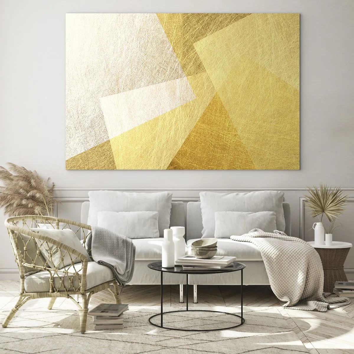 Billede på glas - Gyldne geometriske former med metal og let tekstur - 70x50cm - Geometriens vejr - Moderne vægdekoration til stue og soveværelse ARTTOR