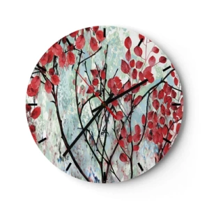 Vægur, Uret - Grene med røde blade på en malet baggrund - 30x30cm - Træ i skarlagenrødt - Moderne vægdekoration til stue, køkken og soveværelse ARTTOR