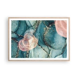 Plakat i ramme af lyst egetræ - Silkeblå, tyl lyserød - 100x70 cm