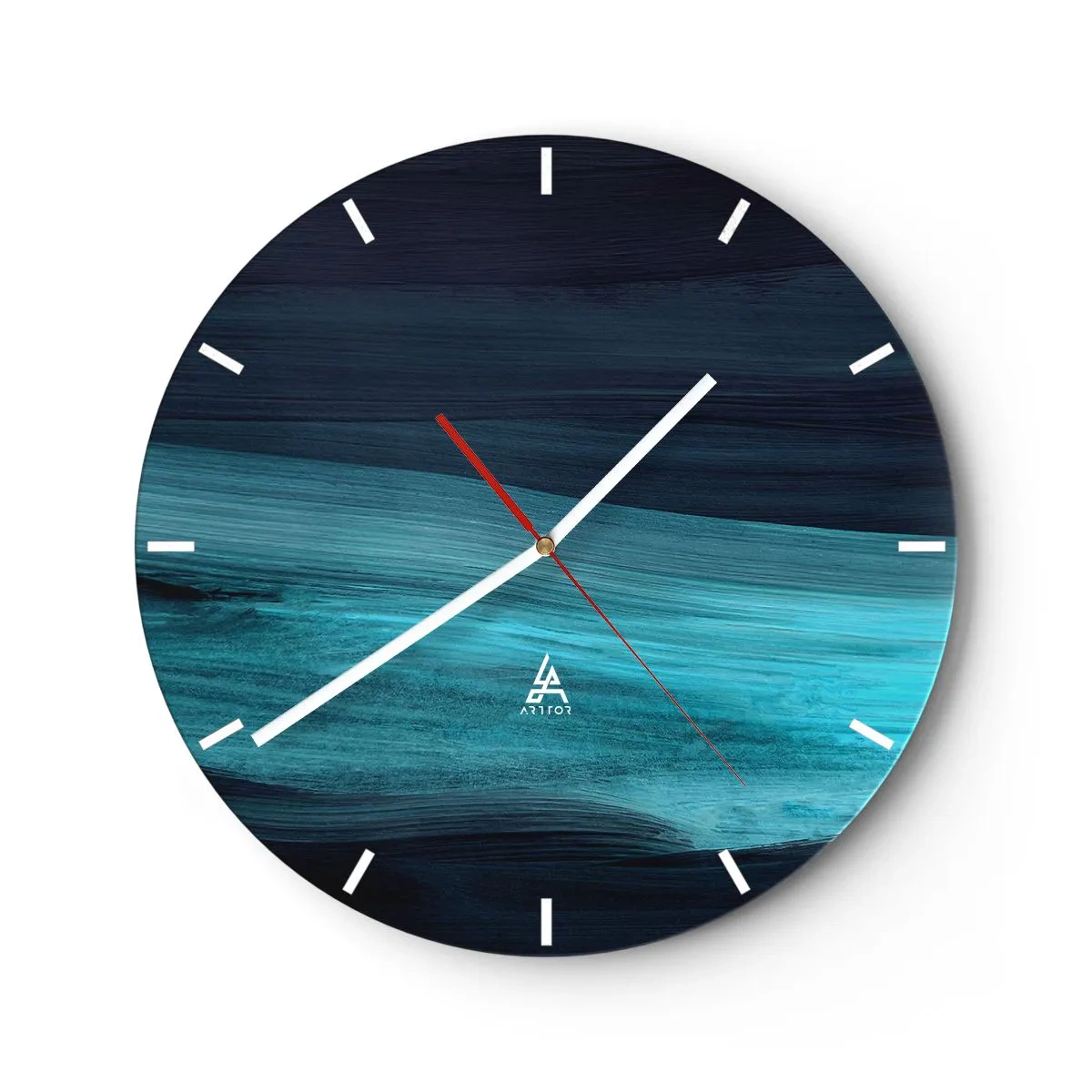 Vægur, Uret - Abstrakte striber i turkis og marineblå, der minder om vand - 30x30cm - Svøm med strømmen - Moderne vægdekoration til stue, køkken og soveværelse ARTTOR