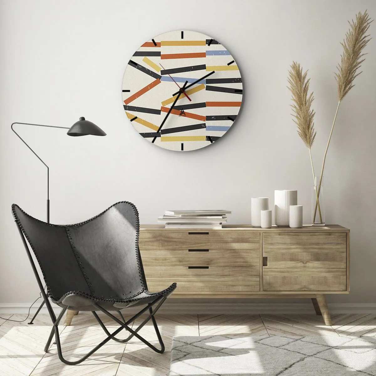 Vægur, Uret - Farvede og sorte rektangler arrangeret vandret på en lys baggrund - 30x30cm - Vandret komposition - Moderne vægdekoration til stue, køkken og soveværelse ARTTOR
