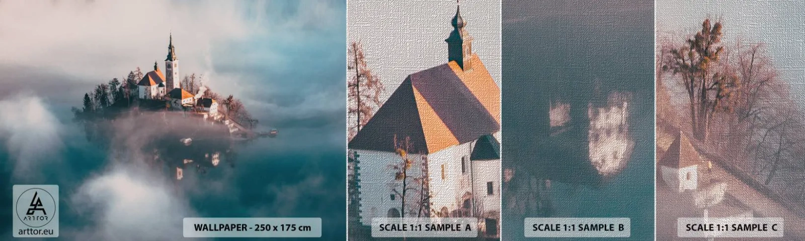 Prøve Fototapet Premium Canvas - Drømmeøen - Landskab, Arkitektur, Kirke - 100x30 cm
