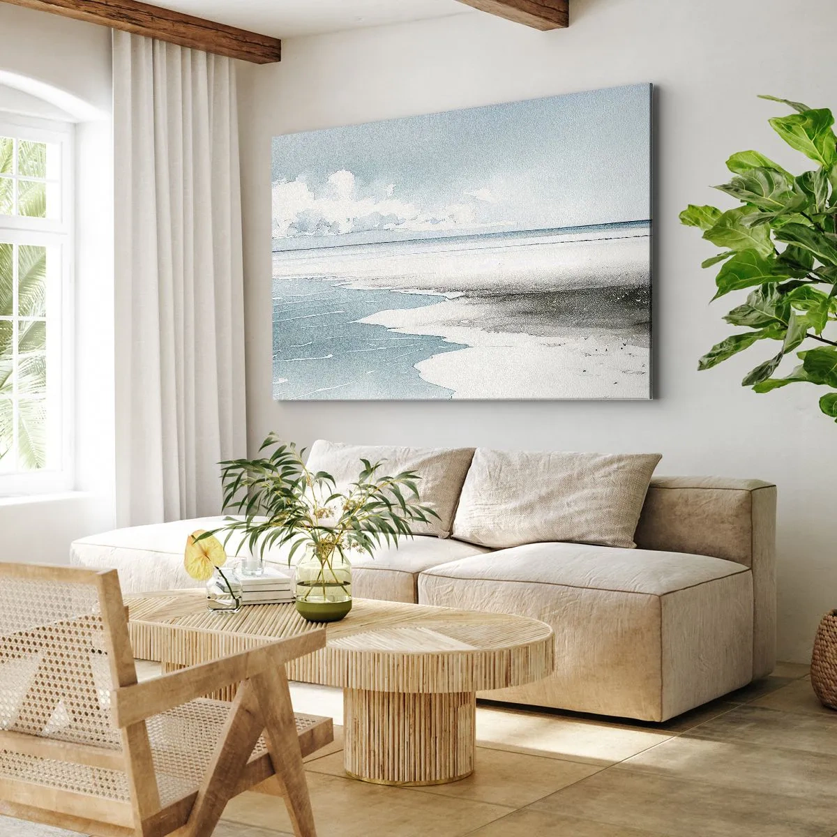 Lærredstryk - Billede på lærred - Et roligt hav og en strand i lyse blå nuancer - 70x50cm - Blidt tidevand - Moderne vægdekoration til stue og soveværelse ARTTOR
