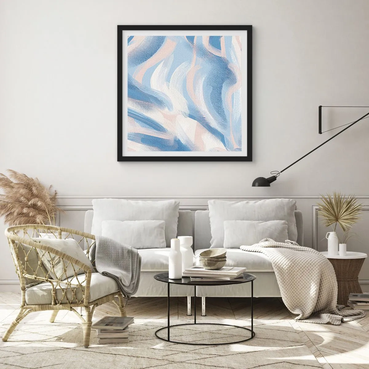 Plakat i sort ramme - Blå krusninger - 40x40 cm